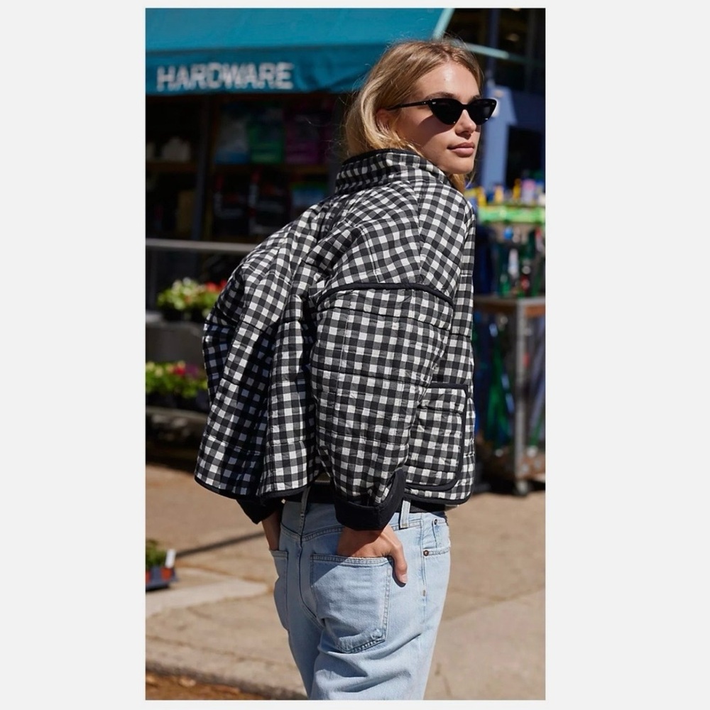Free People Black & White Gingham Bomber Jacket